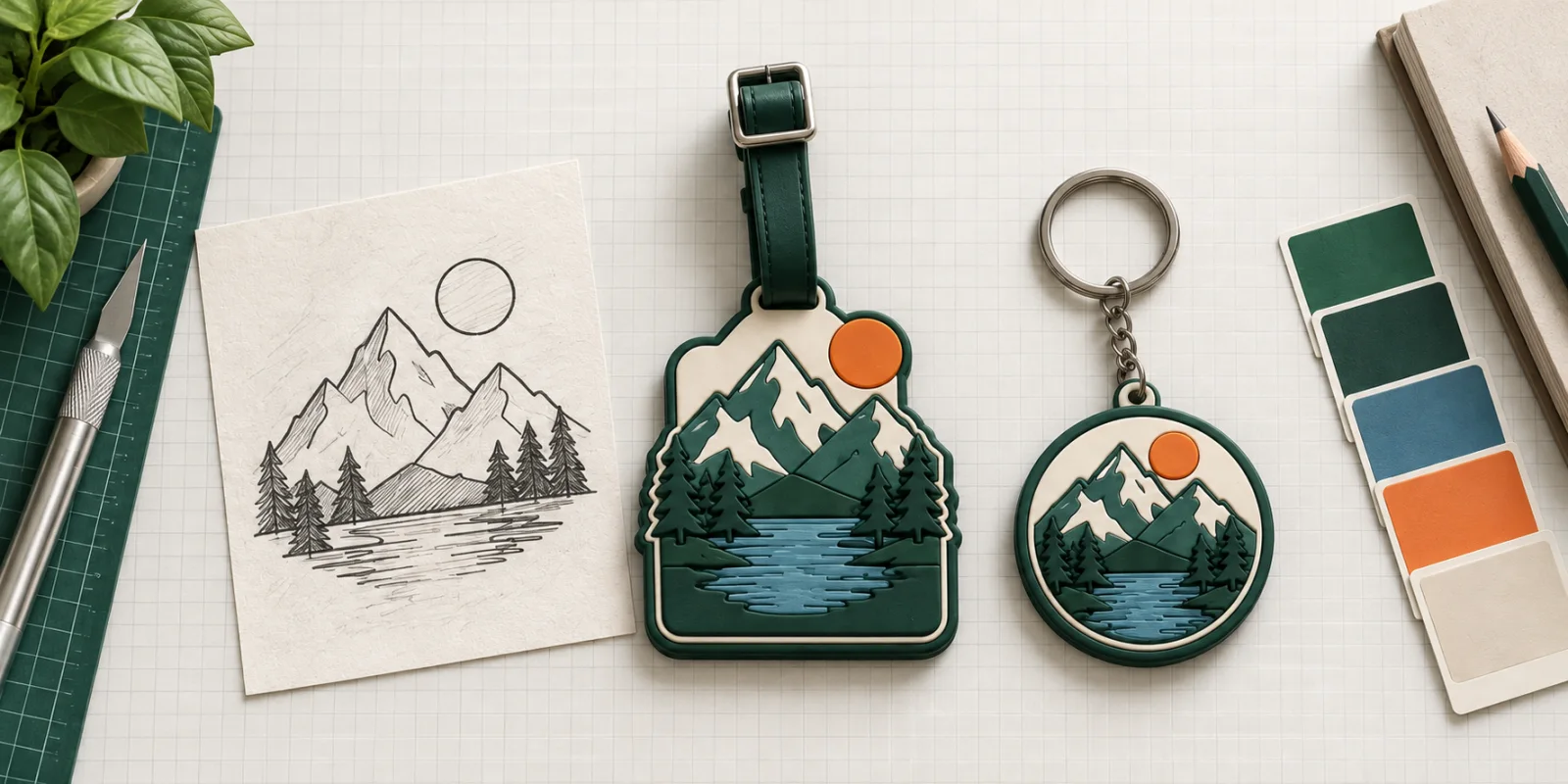 AI-generated artwork study with mountain, forest and lake concepts on a PVC luggage tag and keychain
